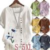 Summer Casual Flower Print Loose T-shirts Vintage Cotton and Linen O-Neck Plus Size Short Sleeve Blouse Tops For Women S-5XL