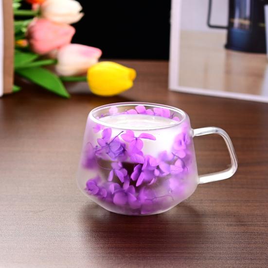 200ML Clear Glass Mug Double Wall Insulated Cup with Handle Aesthetic Dehydrated Flower Design Heat Preserving Tumbler for Coffee Tea
