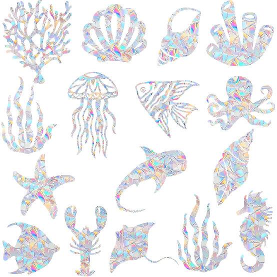 16 Pieces Ocean Window Decals - Anti-Collision Clings for Bird Strike Prevention, Non-Adhesive Prismatic Rainbow Suncatchers,Resuable Easy Remove No