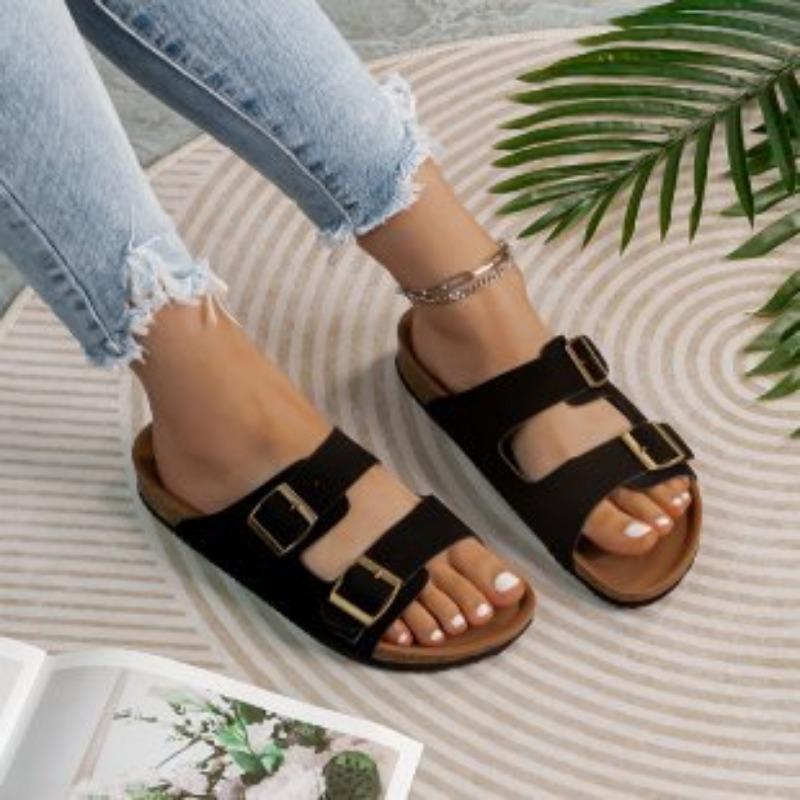 One-word Buckle Slippers Women's New Women's Shoes Large Size Wear Thick-soled Cork Beach Cool Slippers