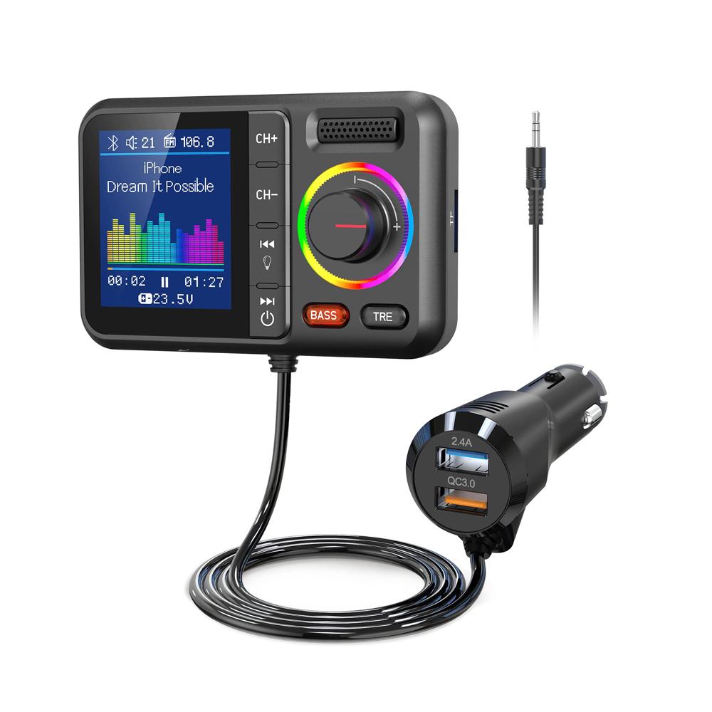 Беспроводной FM-передатчик 2.4A QC3.0 Dual USB быстрая зарядка Hands-Free Call Автомобильный AUX-адаптер MP3-плеер с большим цветным экраном