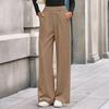 Women Pants Elastic Mid-rise Wide-Leg Loose Style Long Pants Autumn Winter Ribbed Casual Trousers with Pockets
