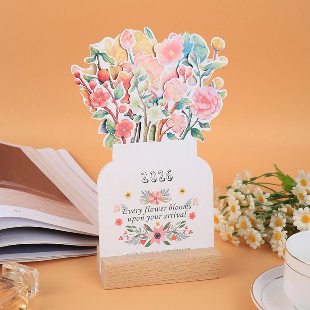 Detachable Base Bloomy Flowers Desk Calendar Wooden Base Monthly Planner for New Year