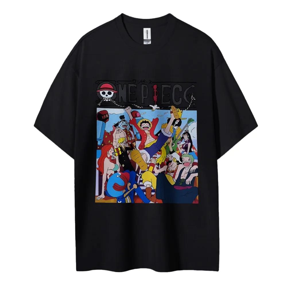 ONE PIECE Хлопковая Унисекс Футболка с Круглым Вырезом Аниме Удобная Короткий Рукав Спортивная и Повседневная Мужская и Женская Верх Популярная Футболка