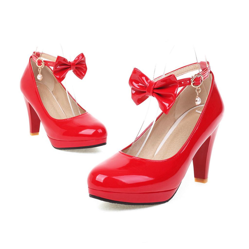 Women Ankle Strap Spike High Heels Bow Platform Round Toe Pumps Glossy Patent Leather Summer Autumn Sweet Lolita Shoes