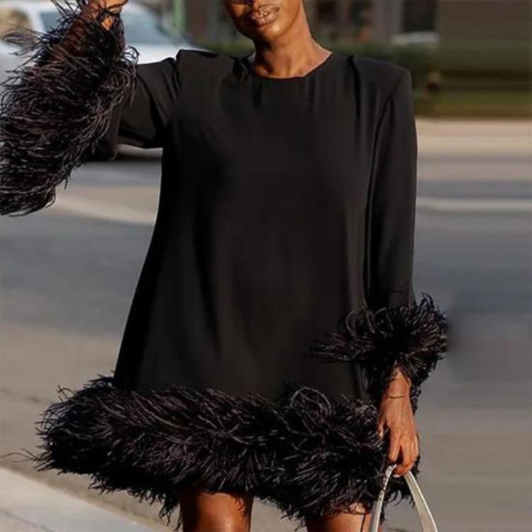 Women's Casual Dresses - Womens Above Knee Length Pullover Dress Long Sleeve Round Neck Loose H Shape Solid Color Faux Fur Decor Spring Fall Fashion