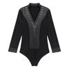 Men's Figure Skating Bodysuit - Glitter Rhinestones V Neck Long Sleeve Satin Patchwork Leotard