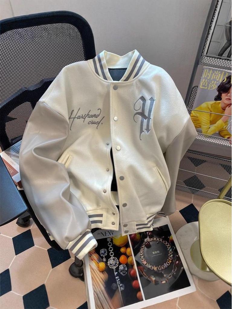 Мужская осенне-зимняя свободная бейсбольная куртка с американской вышивкой и кожаными рукавами