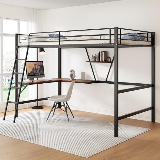 Strong Carrying Capacity Children Bed with L-shaped Bookshelf Ladder Metal Frame Loft Bed Home
