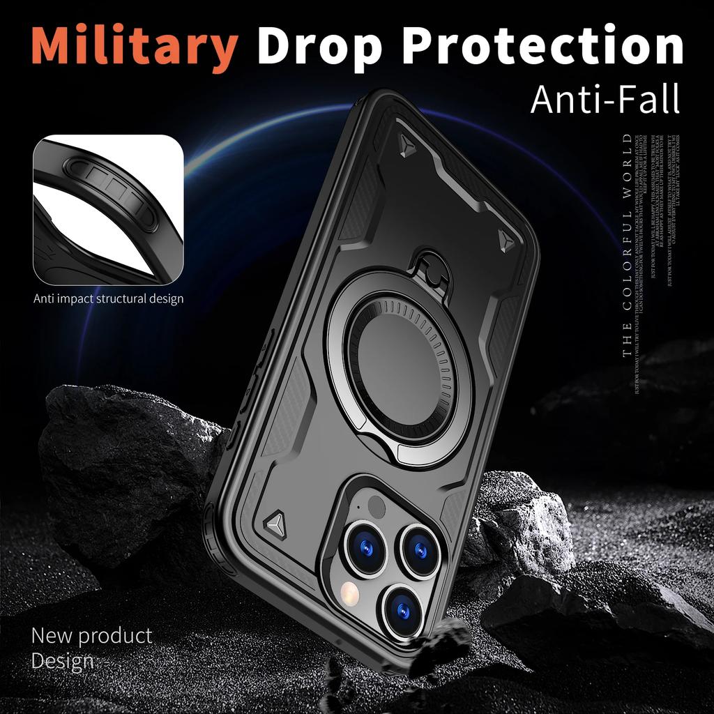 Бронированный чехол-накладка для iPhone 17 Pro Max Air iPhone17 16 15 для iPhone 14 Pro Max Plus 13 12 Жесткий ПК+ТПУ 360° Регулируемый кольцевой держатель