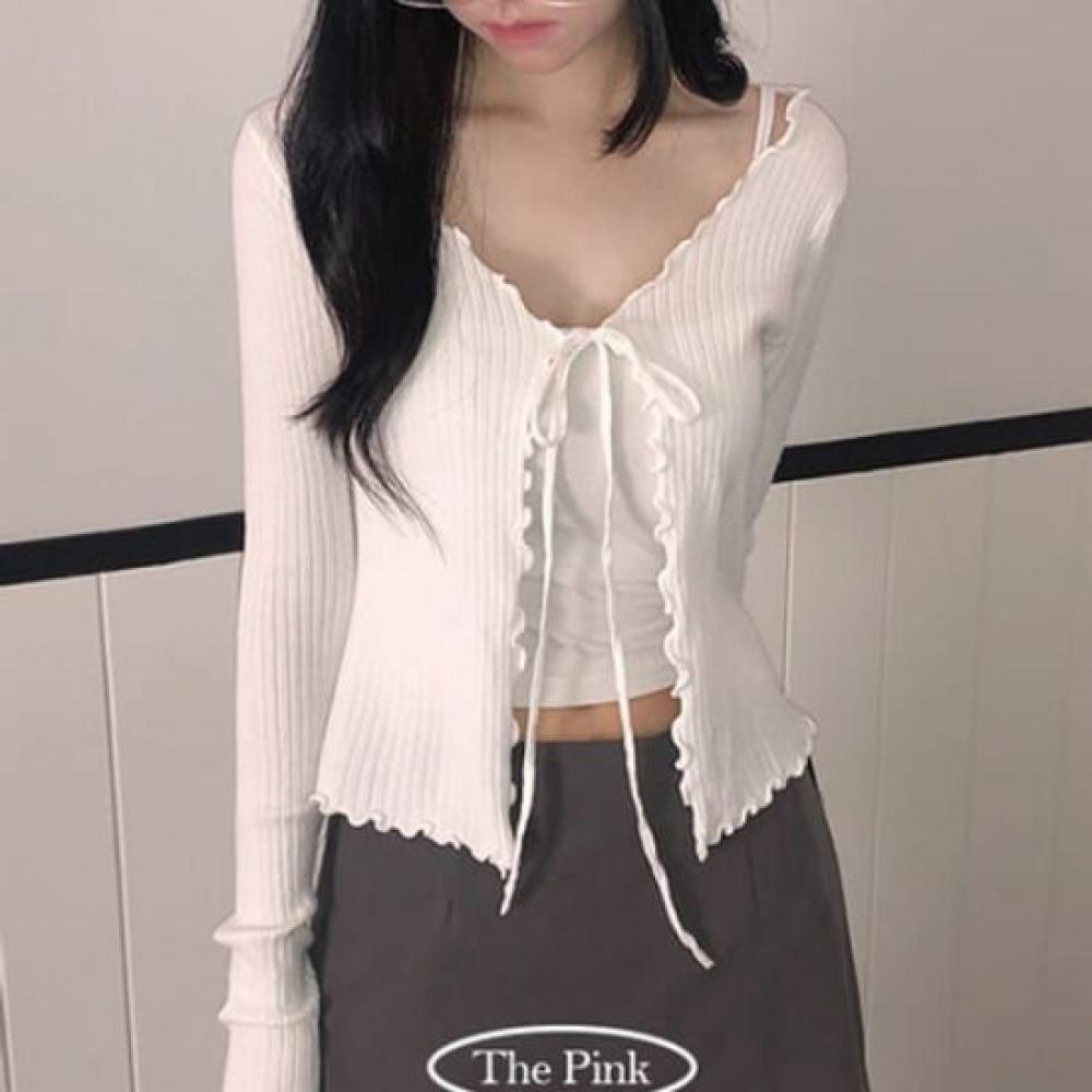 The Pink Slim Fit Frill Ribbon Strap Knit Cardigan