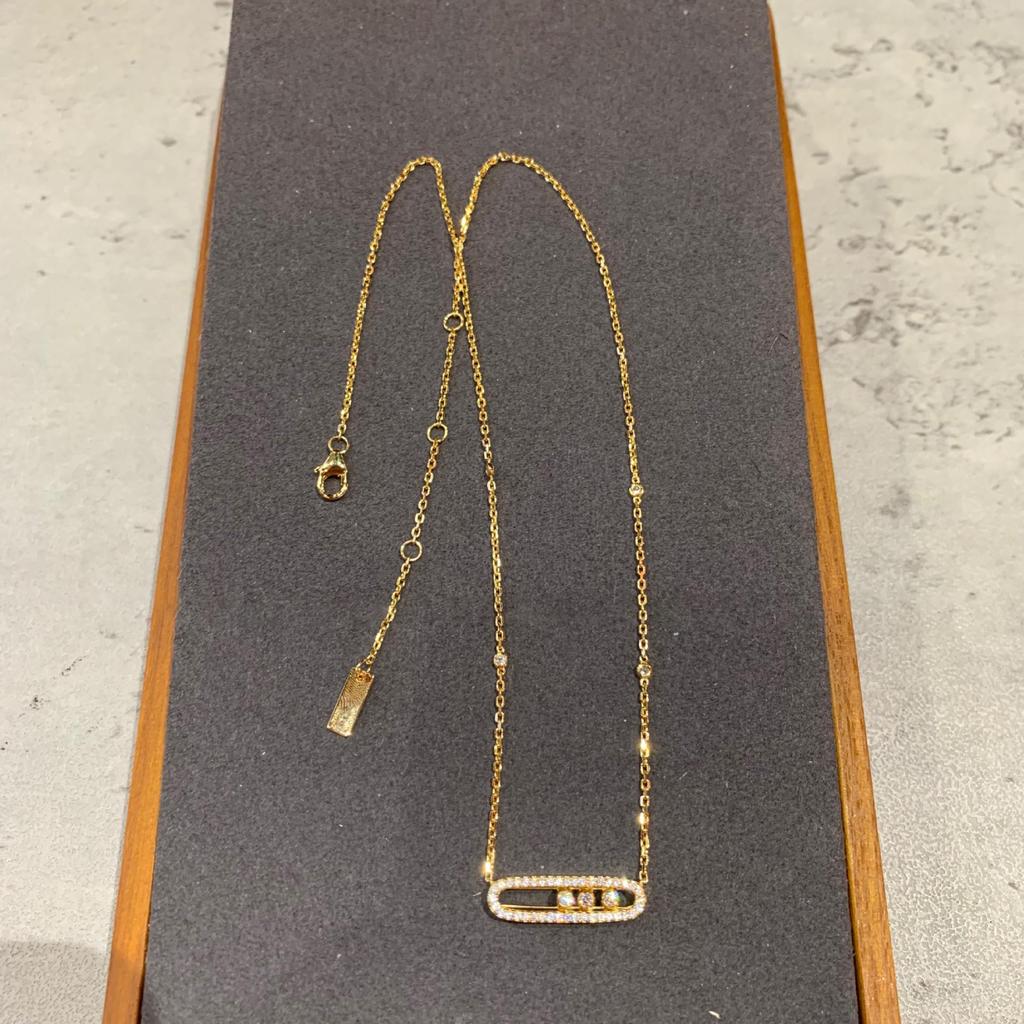 European-Style Gold-Plated S925 Silver Diamond Paperclip Necklace with Three Movable Beads