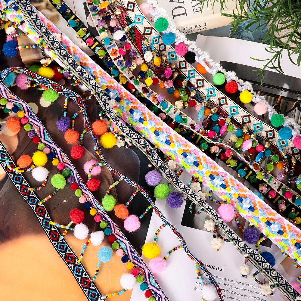 1yard Dress Costume DIY Craft Fabric Pompom Bohemia Ribbon Tassel Lace Trim Embroidered