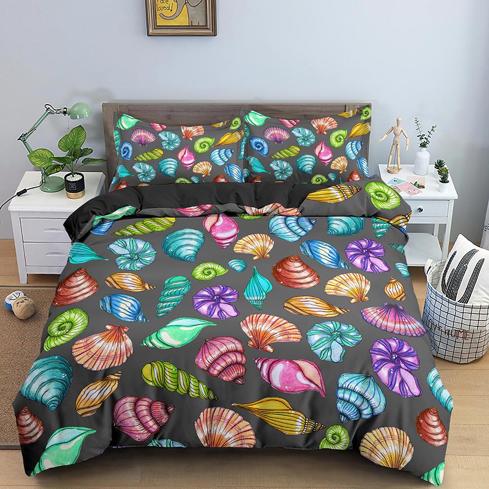 Shell Duvet Cover Set Starfish Crab Sea Animals Kawaii Polyester Comforter Cover For Kid Boys Girl Bedding Set King Full Size