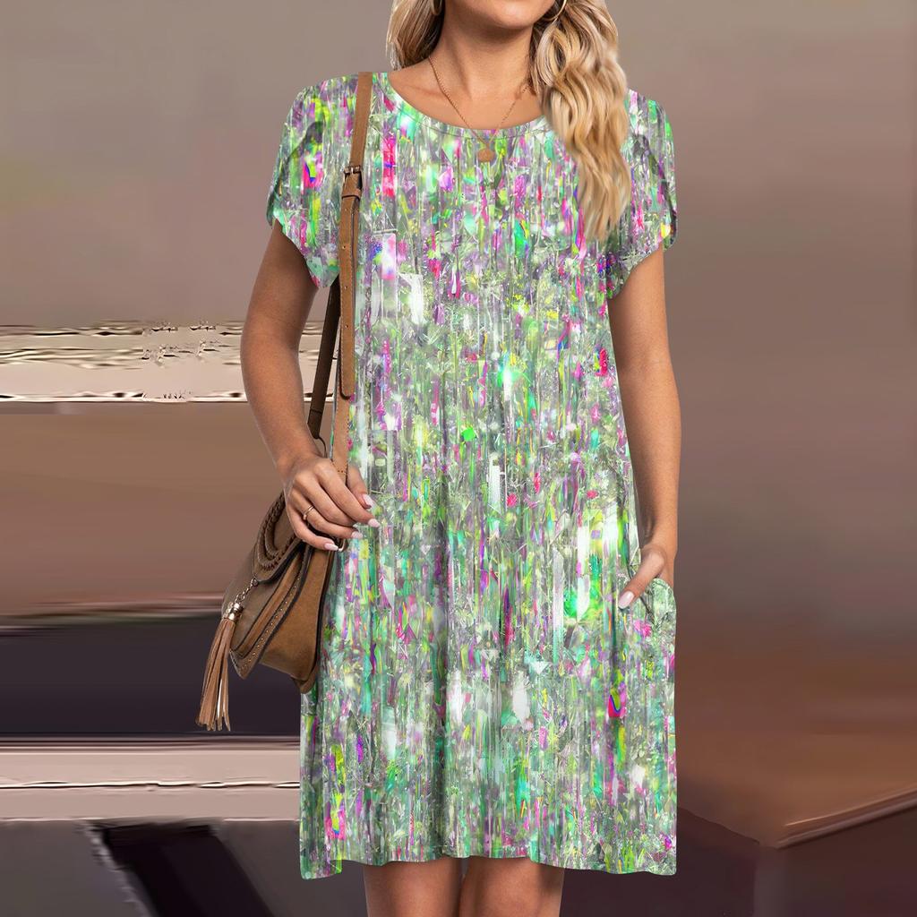 Женские летние платья с короткими рукавами, повседневное свободное платье с круглым вырезом, удобный пляжный сарафан с карманами