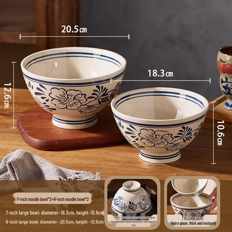 Retro Hand-Painted Blue & White Large Noodle Bowl - High-Footed Porcelain for Creative Dining