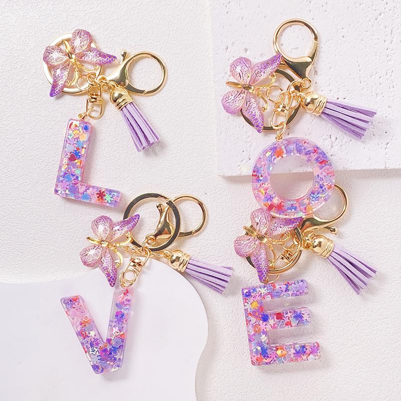 Able Purple Letter Keychain Sequin Butterfly Tassel Pendant Keychain Exquisite Backpack Decoration Accessories Gifts