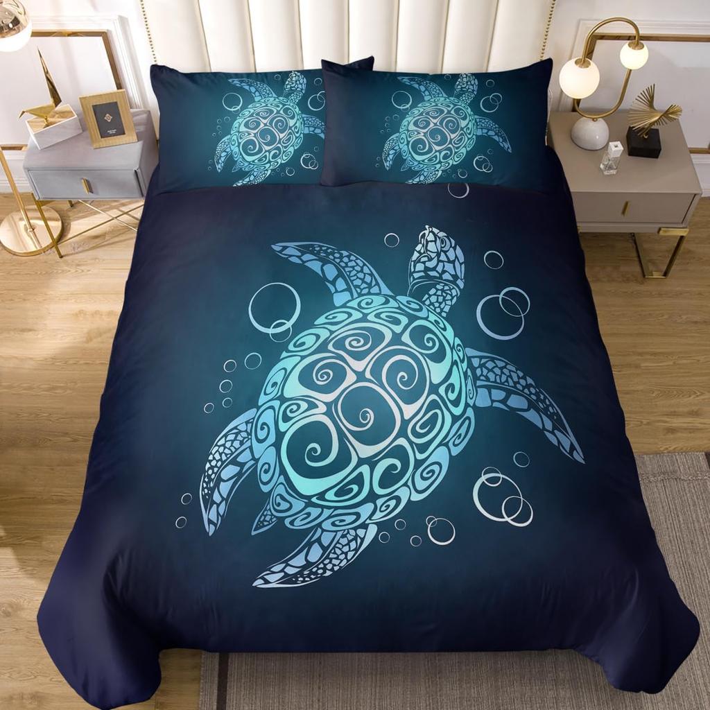 Kids Sea Turtle Duvet Cover Set Queen King Size Ocean Bedding Set Boys Girls Teens Women Men Bedroom Decor 3 Piece Set