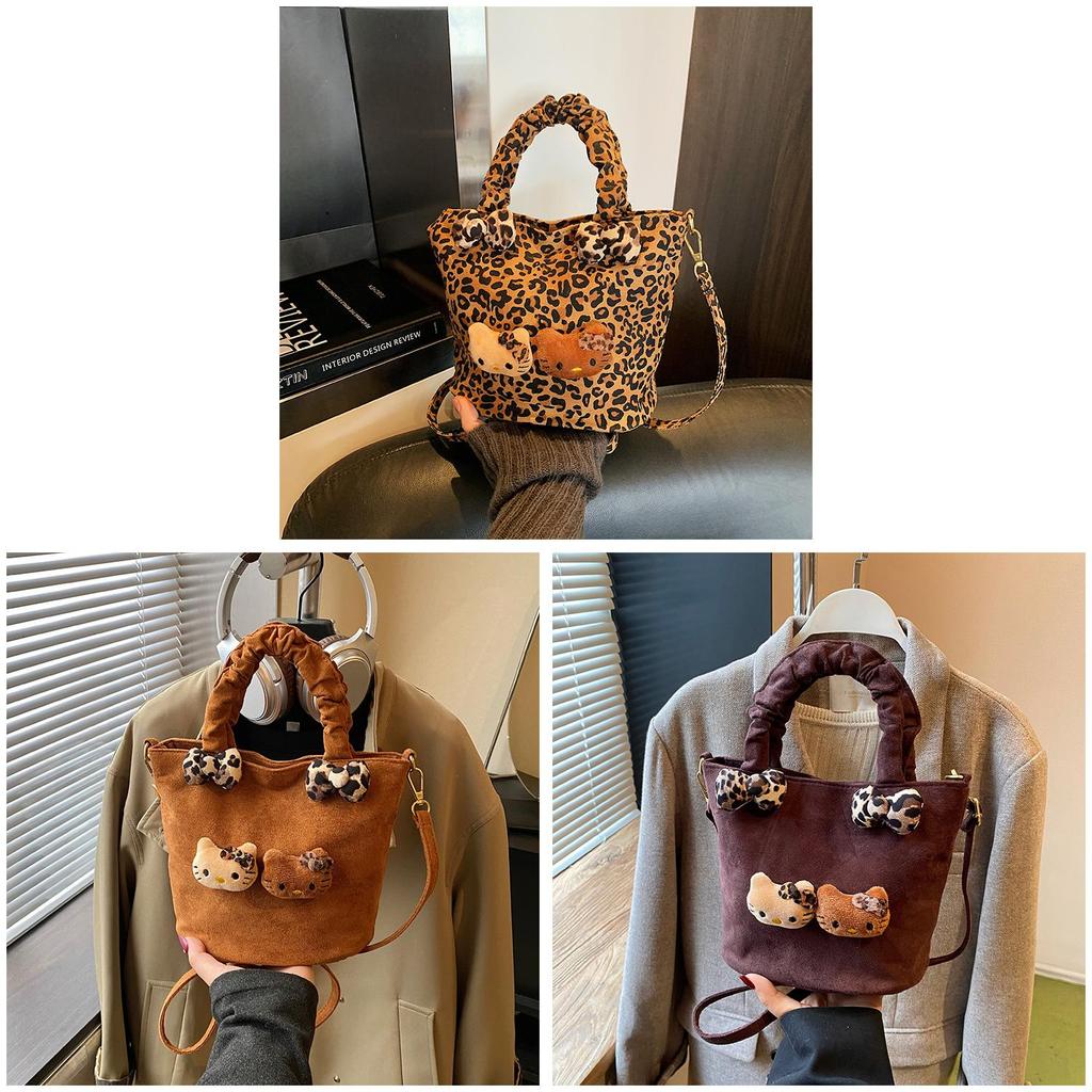 Hello Kitty Leopard Pattern Casual Tote For Women With Polyester Lining And Dual Shoulder Straps