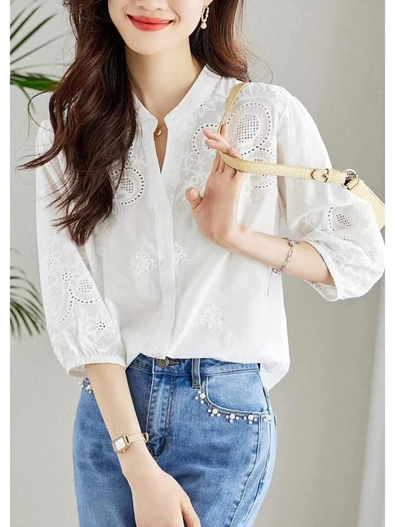 Short Floral Large Openwork [PH.YZBBDPG] Shirt, Blouse, Top, Sleeve, V-neck, Plain, Embroidery, Pattern, Size, Feminine, Women's, Knit, Slimming,