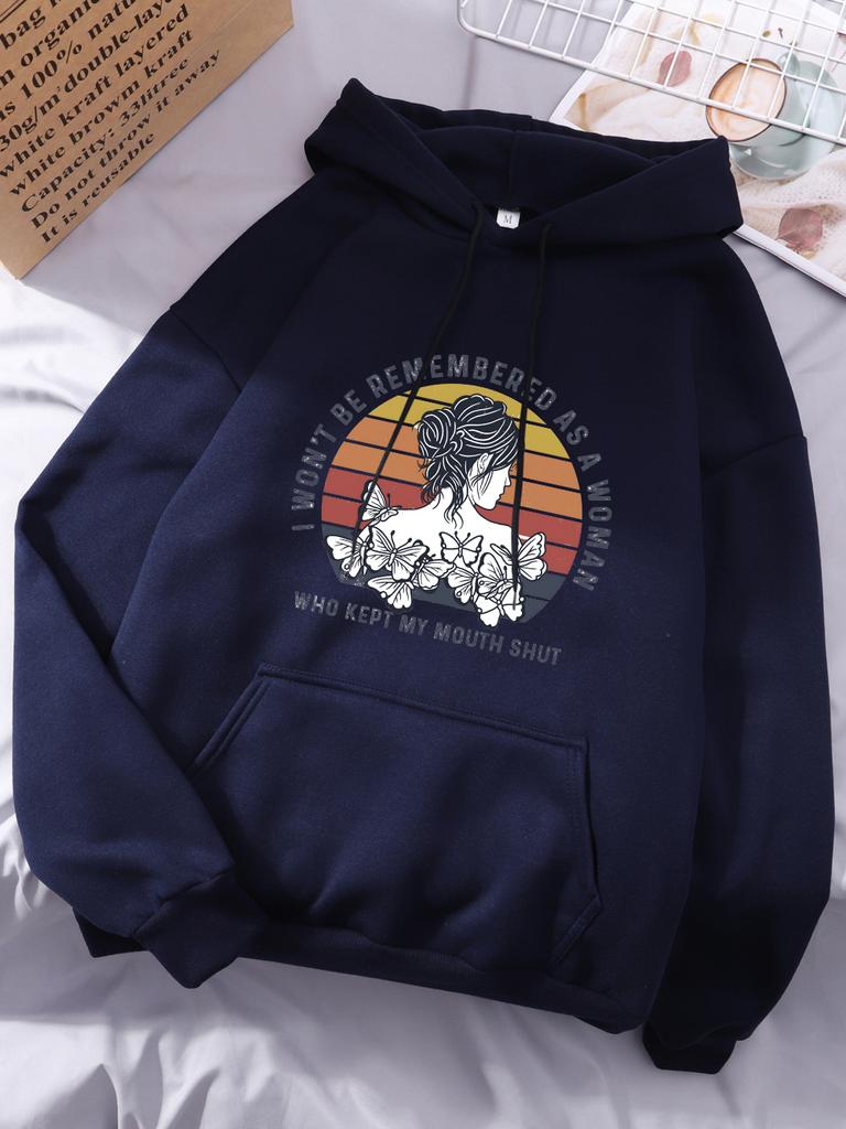 Я не буду запомнена как женщина Толстовка с принтом Женская Повседневная Толстовка с карманом Зимняя Флисовая Теплая Одежда Базовые Спортивная Женская Одежда