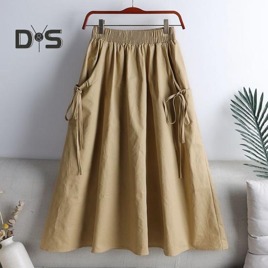 Юбка-карго с эластичным поясом и боковыми карманами, однотонная юбка-трапеция свободного кроя, миди-юбка в рабочем стиле, юбка на завязках