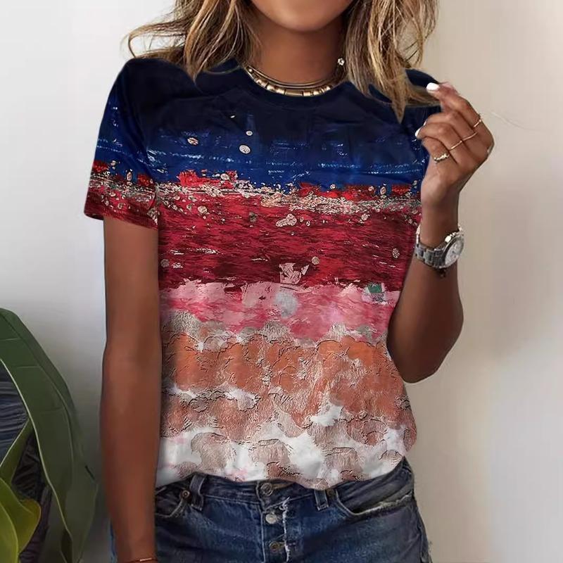Colorful Pattern 3D Digital Printing Women's Loose Casual Round Neck Short Sleeved Shirt T-Shirts Women’s