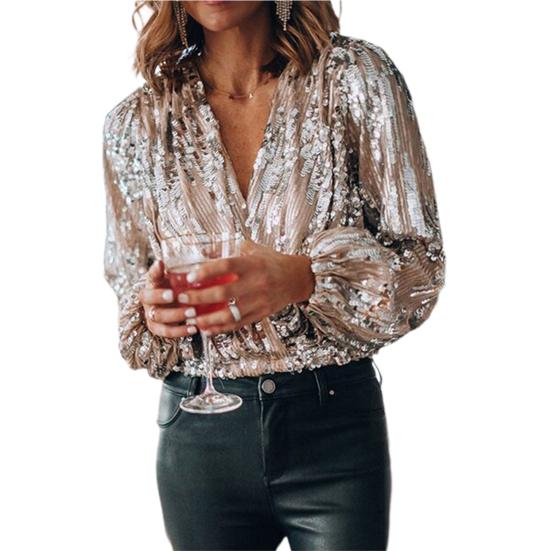 Весенняя блузка с V-образным вырезом и рукавами-фонариками, полиэстер, женская, для