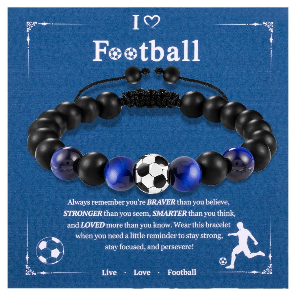 Men's Gift Sports Bracelet Handwoven Alloy Soccer Tiger's Eye Stone Bracelet Soccer Black Frosted Bracelet Beaded