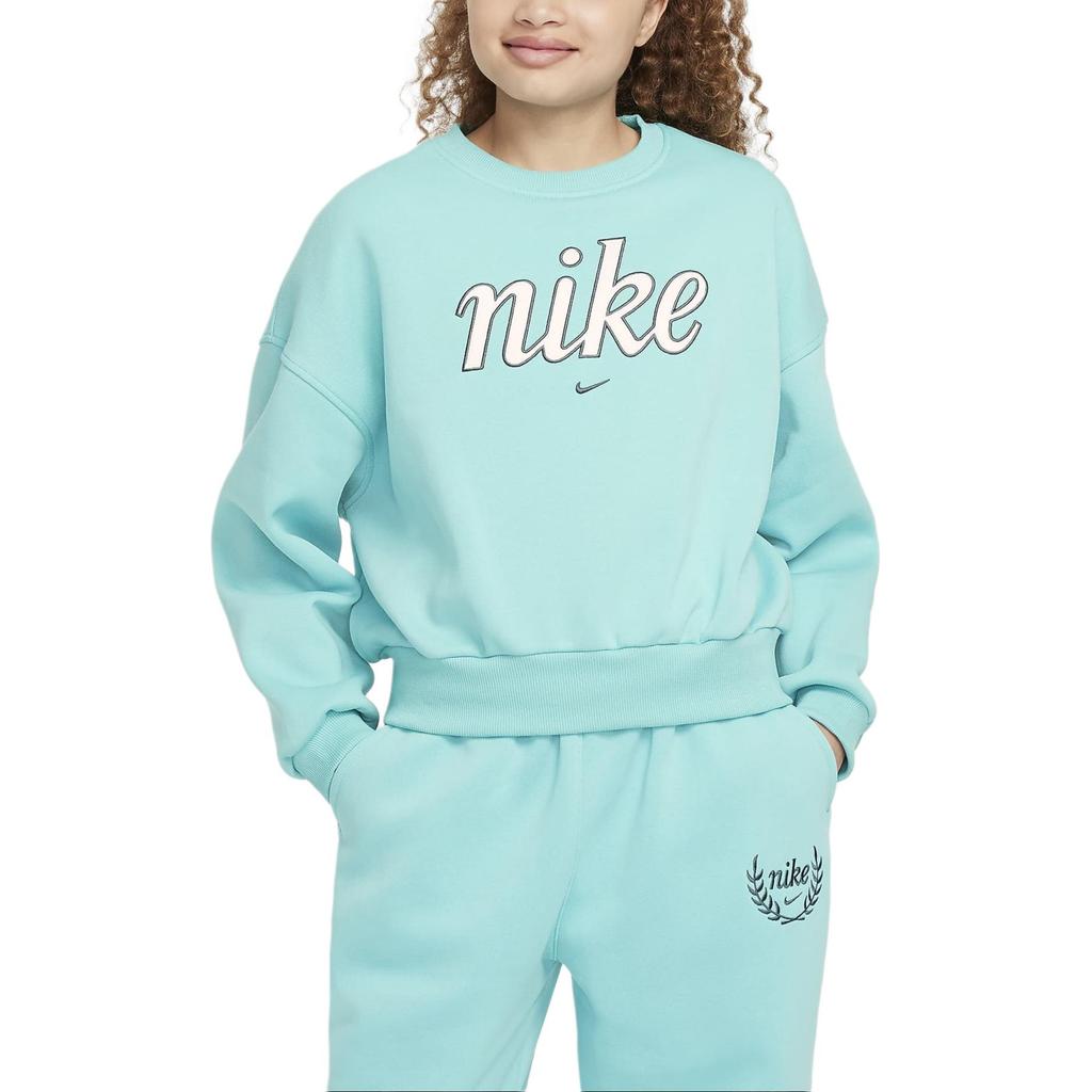Nike Спортивная одежда Клубный флис Легкий мягкий теплый вышитый логотип с круглым вырезом и длинным рукавом Детские топы Винтажно-зеленый FZ5566-338