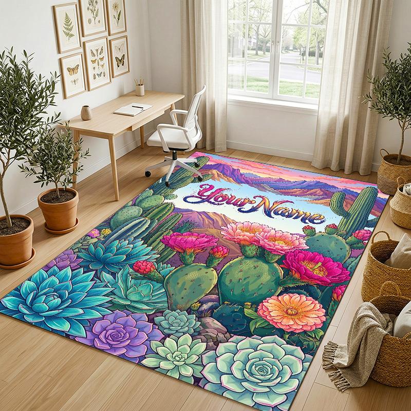 Desert Cactus Theme Soft Crystal Velvet Rug Custom Name & Text Print Non Slip Floor Rug for Bedroom Living Room