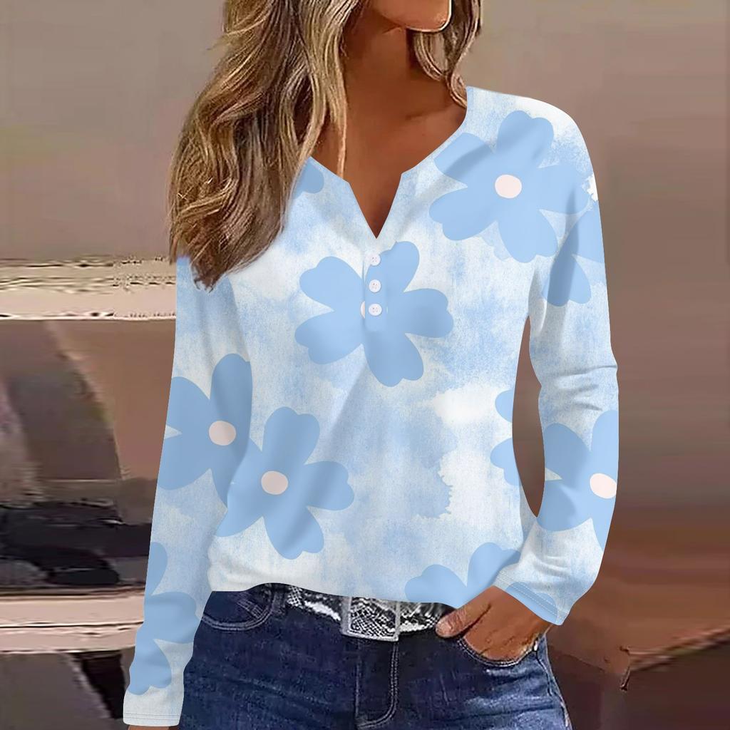 Женская модная повседневная футболка с v-образным вырезом и длинным рукавом с принтом, топ на пуговицах