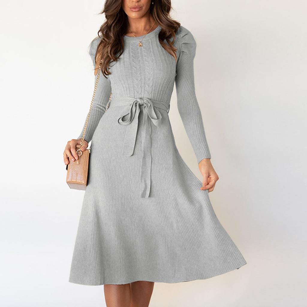 Women's Casual Solid Color Bubble Long Sleeved Knitted Skirt Mid Length Long Sleeved Dress