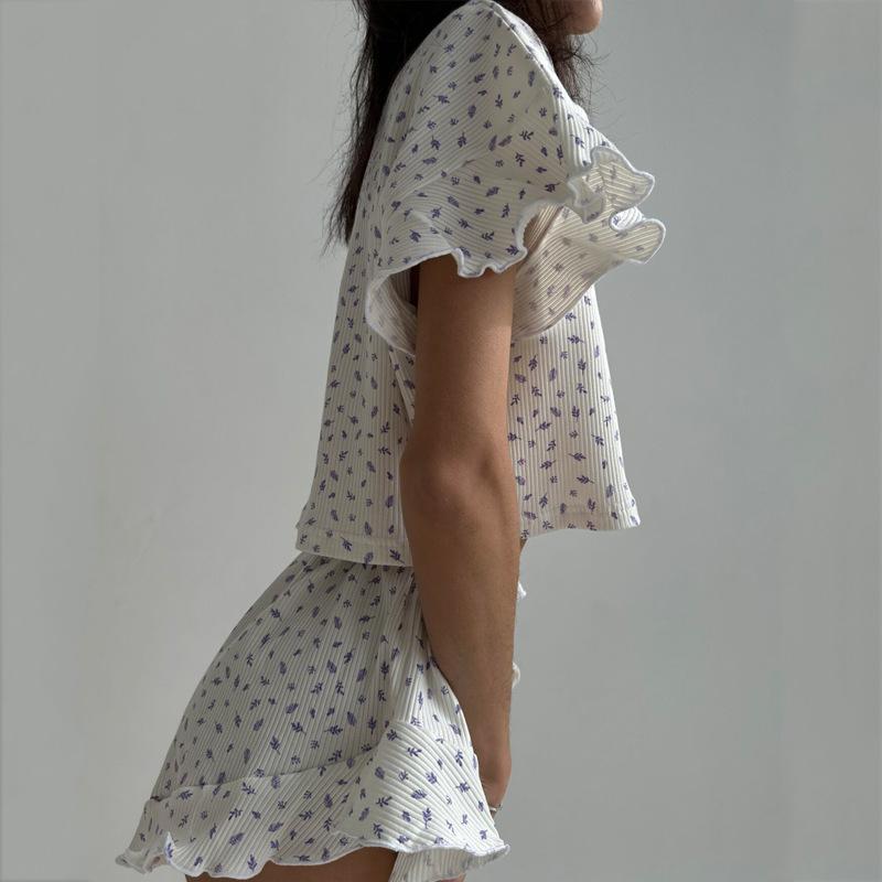 Summer Ladies Casual Printed Suit Lotus Leaf Short-sleeved Round Neck Shorts Pajamas Two-piece Suit
