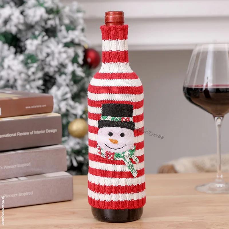 Cute Knitted Wine Bottle Cover Christmas Table Decoration Cartoon Santa Claus Snowman Pattern Red Wine Bottle Decor Xmas Gift