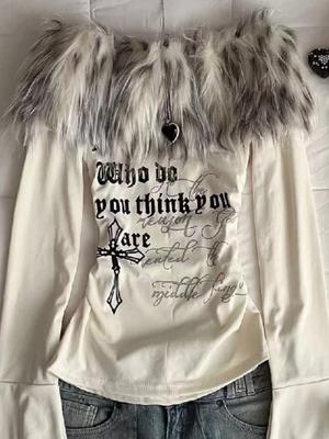 Американские винтажные меховые топы с принтом для женщин 2000-х годов, футболка на одно плечо, тонкая, милая, для девушек, повседневная, базовая одежда