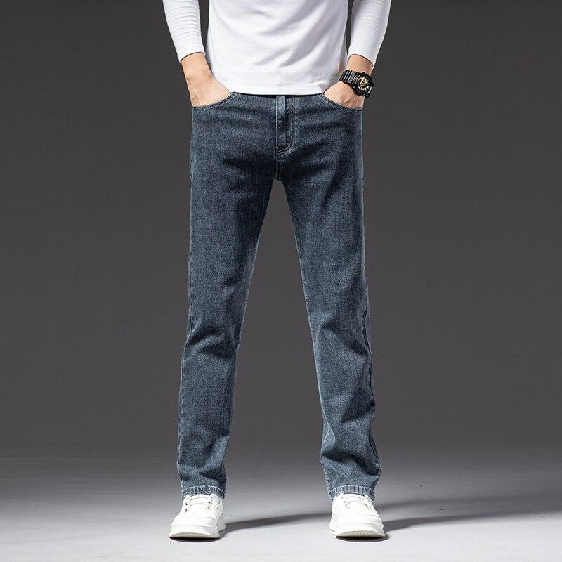 Мужские джинсы деловые, обычные, прямые, полной длины, повседневные, джинсовые брюки, эластичные, эластичные, из ткани стрейч