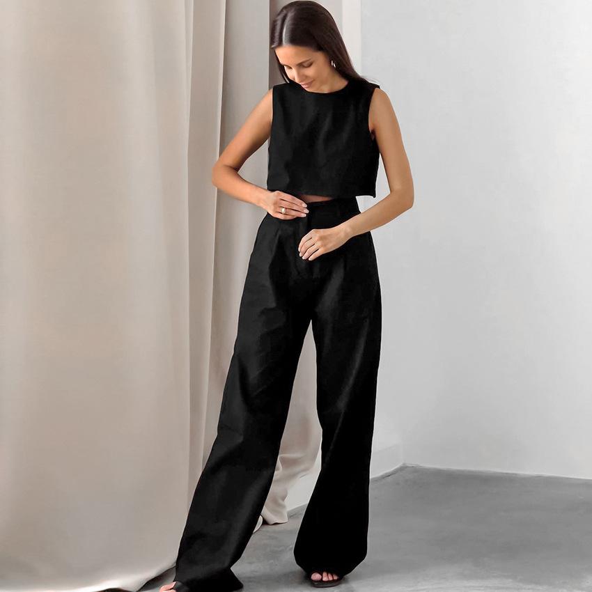 Black cotton and linen sleeveless short vest and trousers casual suit 1116 European and American summer fashion new two-piece set for women
