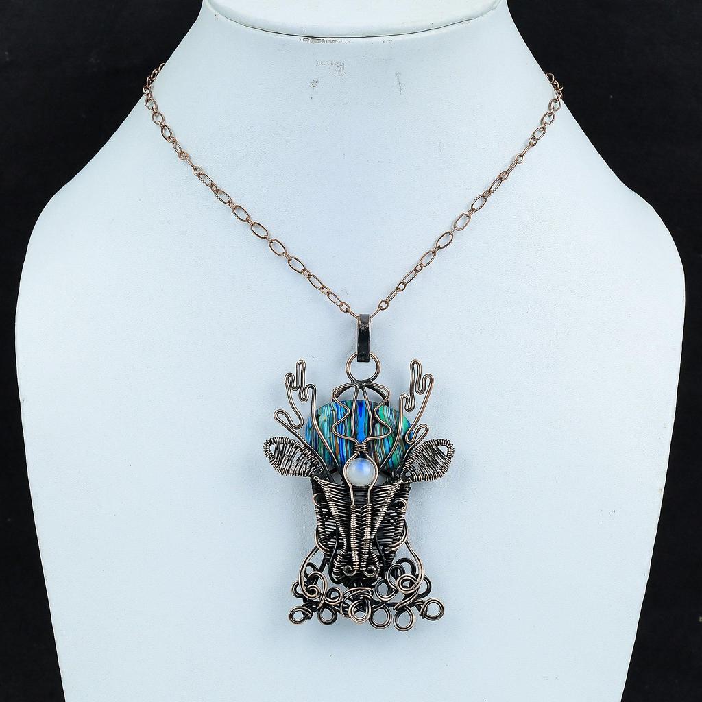 Подвеска из радужного кальциевого кремния, обернутая медной проволокой, подвеска из радужного лунного камня, подвеска в виде лица оленя, ювелирные изделия ручной работы из драгоценных камней, подарки для матери