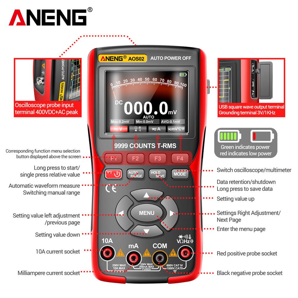 ANENG AOS02 Digital Oscilloscope Transistor Test Multimeter 48MS/s Sampling Rate 10MHZ Analog Bandwidth Support Waveform Storage Portable Tester Tools