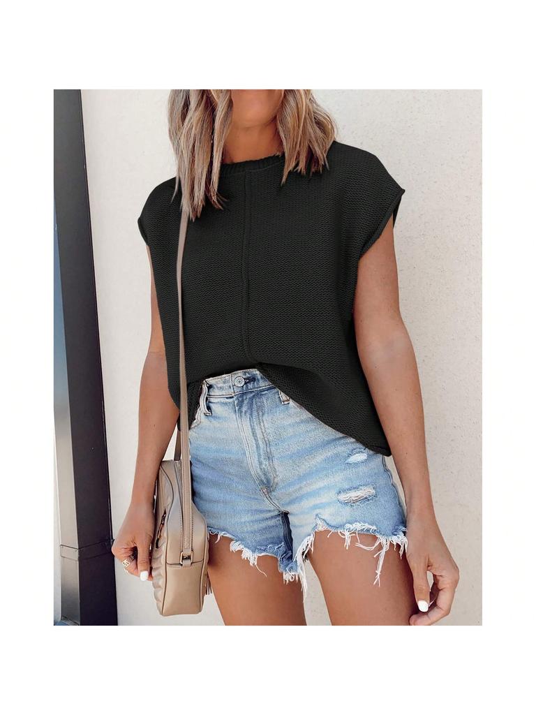 Women's Cap Sleeve Knit Pullover Crew Neck Lightweight Short Sleeve Summer Sweater