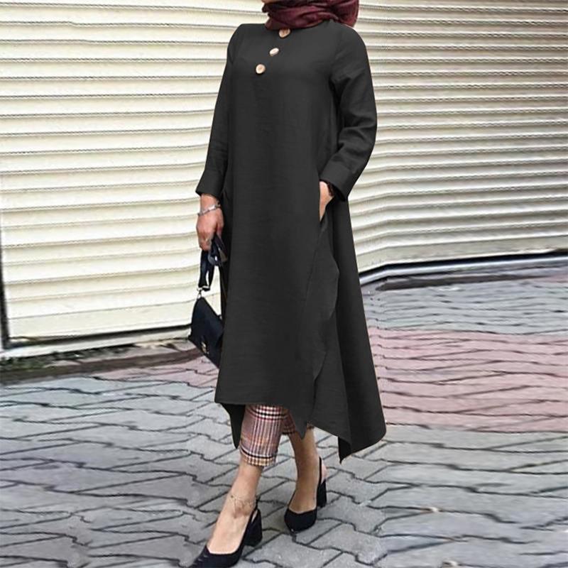 Womens Muslim Dress Islamic Clothing Long Sleeve Round Collar Solid Color Maxi Dresses Plus Size S-5XL
