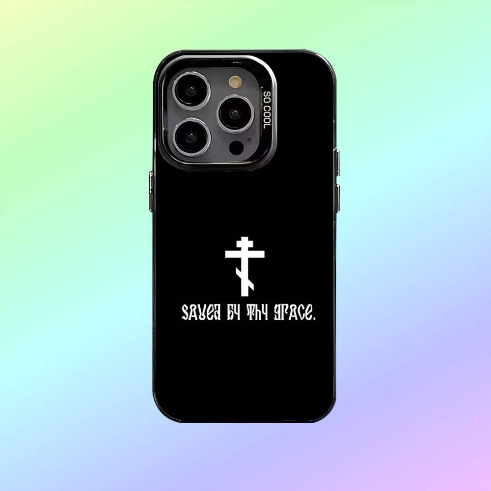Чехол для телефона с иконкой Православного Креста О- для iPhone17,16,15,14,13,12,11 Покрытие с серебряным ободком для камеры Конфетное матовое покрытие