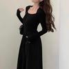 New Black Square Neck Long-sleeved Dress for Small People, Women's Spring and Autumn Temperament, Waist Slimming, Inner Long Skirt