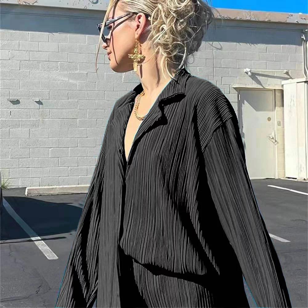 Женский элегантный плиссированный комплект из двух предметов, свободные блузки с длинными рукавами и широкие брюки с высокой талией, костюм, женская повседневная одежда