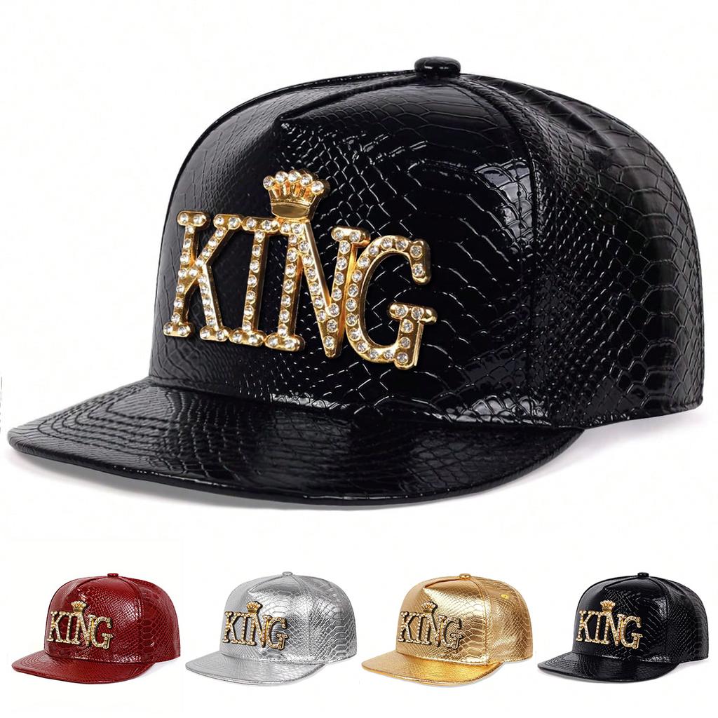 Men PU Leather Letter KING Hip Hop Hat Outdoor Adjustable Sunscreen Leisure Hat Spring Autumn Travel Tourism Beach Vacation