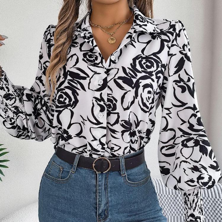 Элегантная женская блузка с цветочным принтом, V-образным вырезом и длинными рукавами для весенне-осеннего сезона