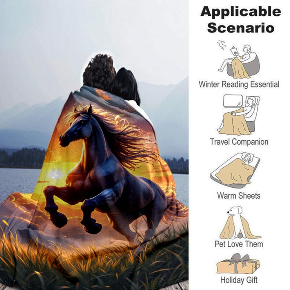 Galloping Black Horse Sunset Golden Grassland Print Flannel Blanket Wildlife Animal Throw Blanket Soft Cozy Home Sofa Bed Decor