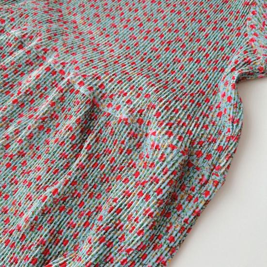 Summer Women Dress Small Flower Print Crew Neck Loose Short Sleeves Pleated Mid-calf Length Pullover Shopping Midi Dress