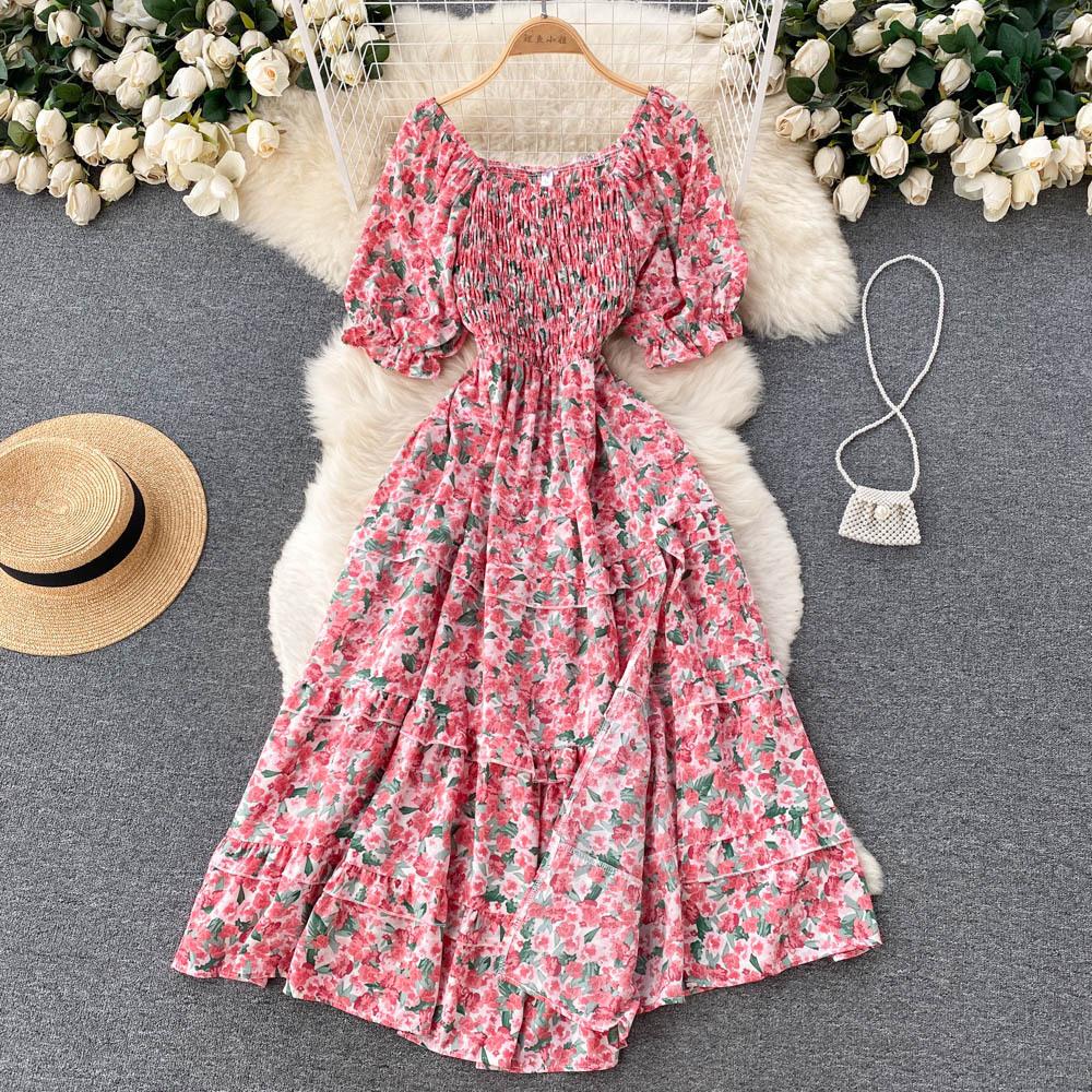 Women's Chic Sweet Slim Square Neck Bubble Sleeve Floral Dress Super Fairy Temperament A-line Dress